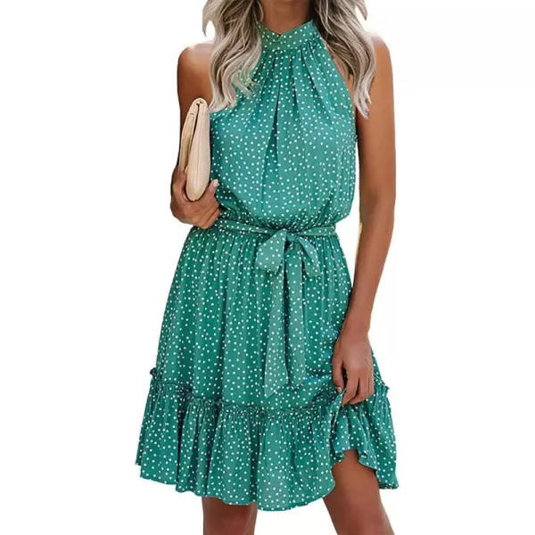 imageBTFBM Women 2023 Summer Halter Neck Dresses Sleeveless Casual Floral Polka Dot Leopard Print Short Boho Ruffle SundressPolka Dot Green
