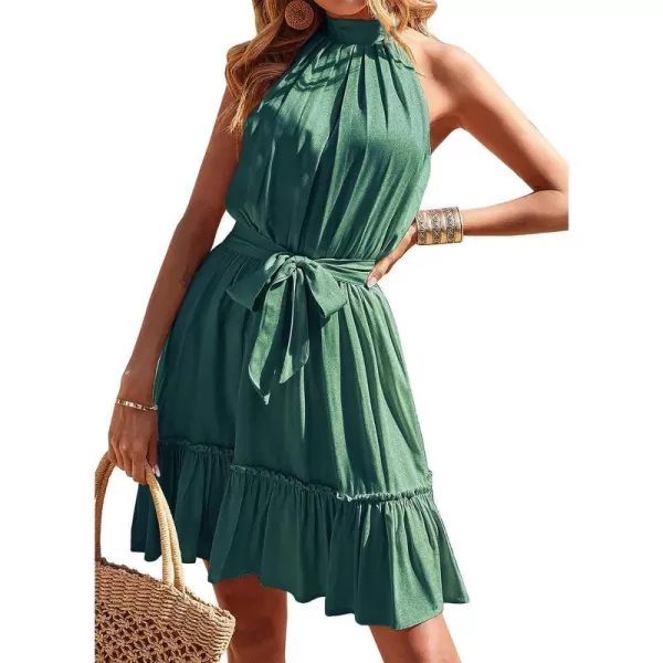 imageBTFBM Women 2023 Summer Halter Neck Dresses Sleeveless Casual Floral Polka Dot Leopard Print Short Boho Ruffle SundressSolid Grey Green