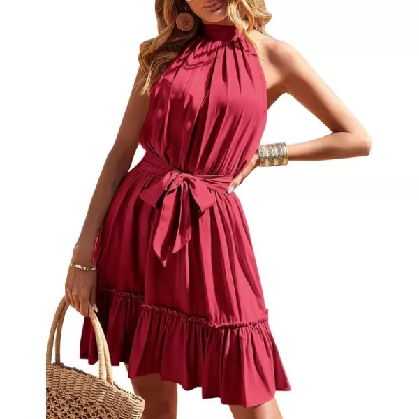 imageBTFBM Women 2023 Summer Halter Neck Dresses Sleeveless Casual Floral Polka Dot Leopard Print Short Boho Ruffle SundressSolid Wine Red