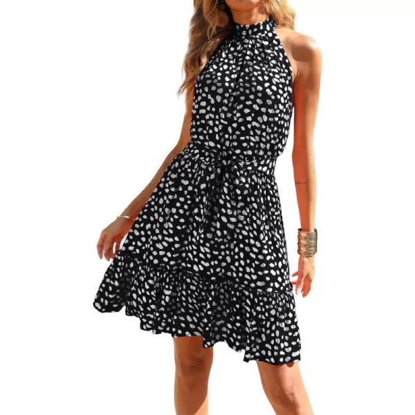 imageBTFBM Women 2023 Summer Halter Neck Dresses Sleeveless Casual Floral Polka Dot Leopard Print Short Boho Ruffle SundressWhite Dot Black