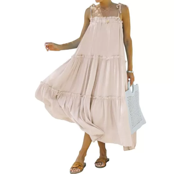 imageBTFBM Women 2023 Summer Maxi Dresses Sleeveless Spaghetti Strap Casual Sundress Tiered Ruffle Boho Cami Beach Long DressSolid Apricot