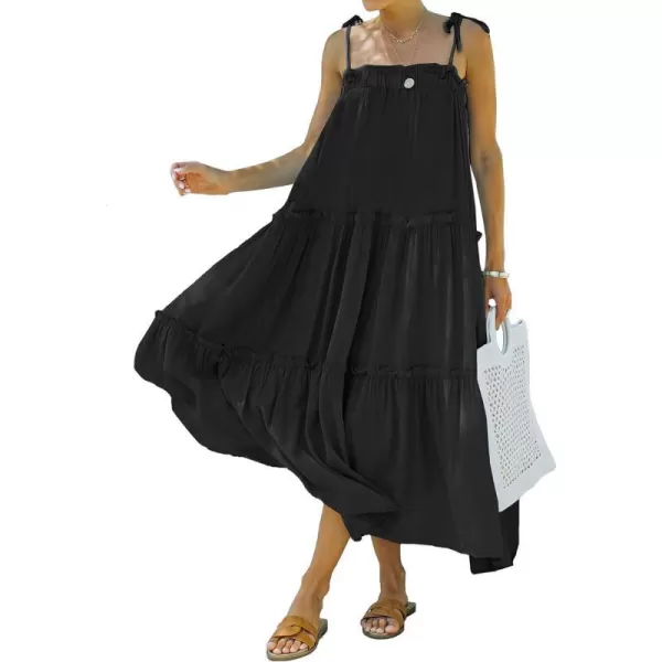 imageBTFBM Women 2023 Summer Maxi Dresses Sleeveless Spaghetti Strap Casual Sundress Tiered Ruffle Boho Cami Beach Long DressSolid Black