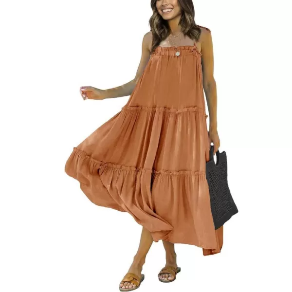 imageBTFBM Women 2023 Summer Maxi Dresses Sleeveless Spaghetti Strap Casual Sundress Tiered Ruffle Boho Cami Beach Long DressSolid Brown Orange