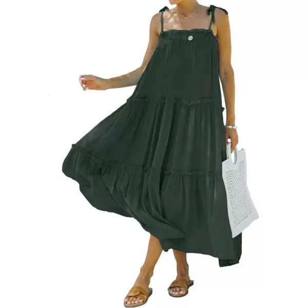 imageBTFBM Women 2023 Summer Maxi Dresses Sleeveless Spaghetti Strap Casual Sundress Tiered Ruffle Boho Cami Beach Long DressSolid Dark Green