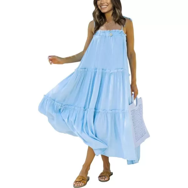 imageBTFBM Women 2023 Summer Maxi Dresses Sleeveless Spaghetti Strap Casual Sundress Tiered Ruffle Boho Cami Beach Long DressSolid Light Blue