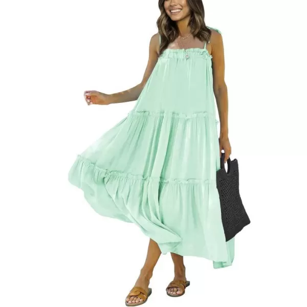 imageBTFBM Women 2023 Summer Maxi Dresses Sleeveless Spaghetti Strap Casual Sundress Tiered Ruffle Boho Cami Beach Long DressSolid Light Green
