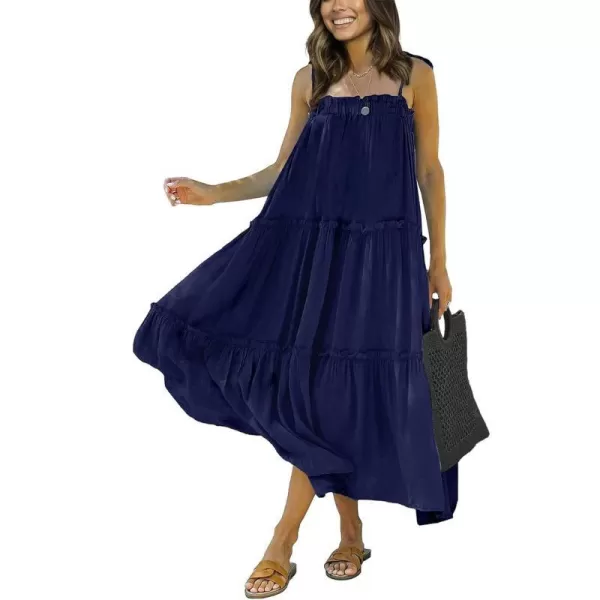 imageBTFBM Women 2023 Summer Maxi Dresses Sleeveless Spaghetti Strap Casual Sundress Tiered Ruffle Boho Cami Beach Long DressSolid Navy