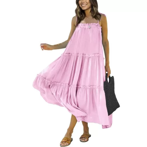 imageBTFBM Women 2023 Summer Maxi Dresses Sleeveless Spaghetti Strap Casual Sundress Tiered Ruffle Boho Cami Beach Long DressSolid Pink