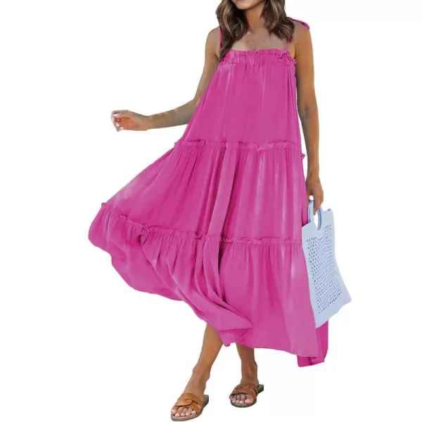 imageBTFBM Women 2023 Summer Maxi Dresses Sleeveless Spaghetti Strap Casual Sundress Tiered Ruffle Boho Cami Beach Long DressSolid Rose Red