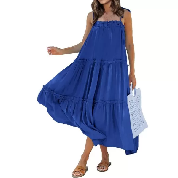 imageBTFBM Women 2023 Summer Maxi Dresses Sleeveless Spaghetti Strap Casual Sundress Tiered Ruffle Boho Cami Beach Long DressSolid Royal Blue