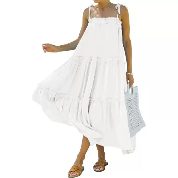 imageBTFBM Women 2023 Summer Maxi Dresses Sleeveless Spaghetti Strap Casual Sundress Tiered Ruffle Boho Cami Beach Long DressSolid White