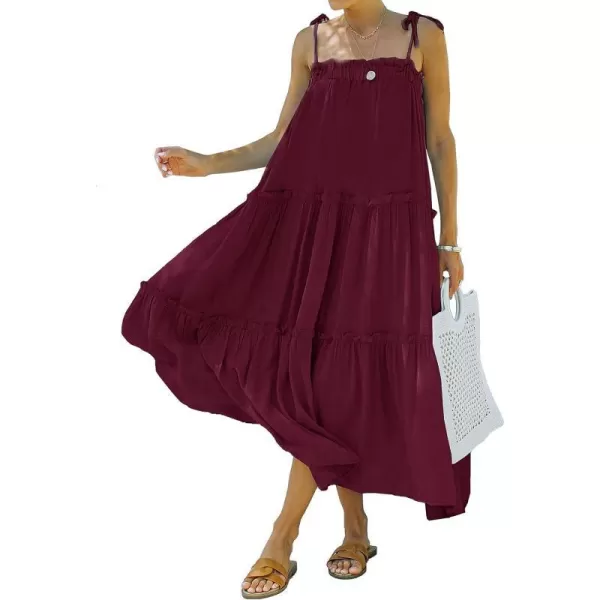 imageBTFBM Women 2023 Summer Maxi Dresses Sleeveless Spaghetti Strap Casual Sundress Tiered Ruffle Boho Cami Beach Long DressSolid Wine Red