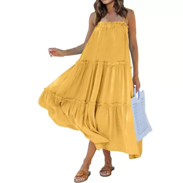 imageBTFBM Women 2023 Summer Maxi Dresses Sleeveless Spaghetti Strap Casual Sundress Tiered Ruffle Boho Cami Beach Long DressSolid Yellow