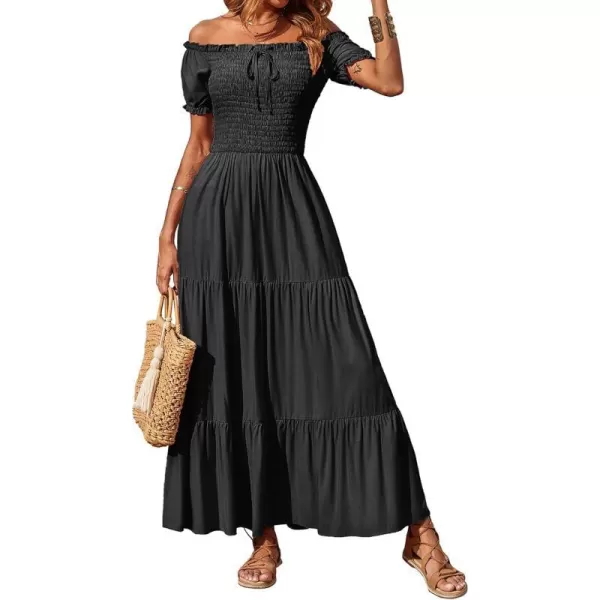 imageBTFBM Women 2023 Summer Off Shoulder Maxi Dresses Short Sleeve Smocked Casual Swing Pleated Party Beach Long Aline DressSolid Black