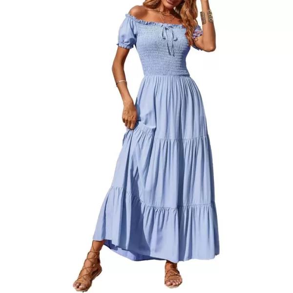 imageBTFBM Women 2023 Summer Off Shoulder Maxi Dresses Short Sleeve Smocked Casual Swing Pleated Party Beach Long Aline DressSolid Blue