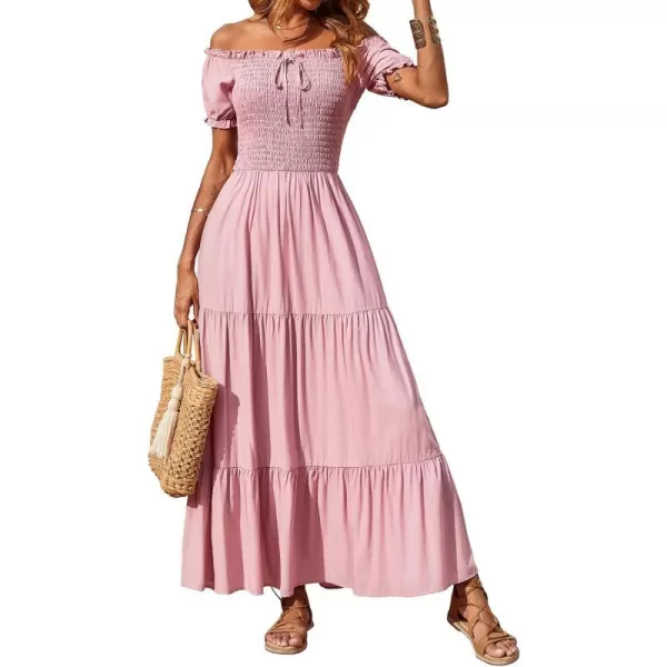 imageBTFBM Women 2023 Summer Off Shoulder Maxi Dresses Short Sleeve Smocked Casual Swing Pleated Party Beach Long Aline DressSolid Pink