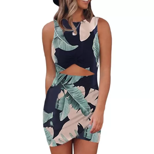 imageBTFBM Women 2023 Summer Sleeveless Casual Crewneck Bodycon Tank Dress Cutout Twist Slim Wrap Club Party Evening DressesLeaves Navy