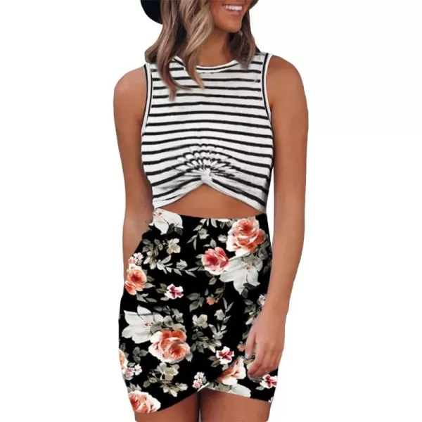 imageBTFBM Women 2023 Summer Sleeveless Casual Crewneck Bodycon Tank Dress Cutout Twist Slim Wrap Club Party Evening DressesStripe and Floral Black