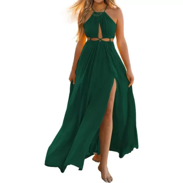 imageBTFBM Women 2023 Summer Sleeveless Cutout Halter Maxi Dress Backless Boho Casual Beach Party Cocktail Slit Sun DressesSolid Dark Green