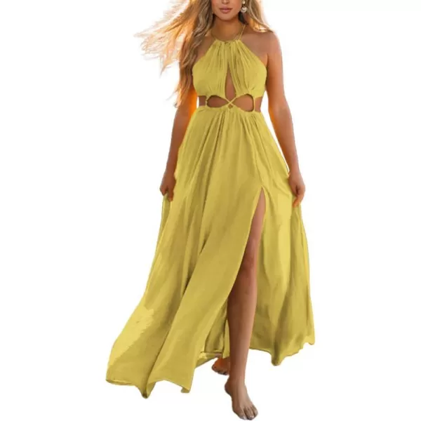 imageBTFBM Women 2023 Summer Sleeveless Cutout Halter Maxi Dress Backless Boho Casual Beach Party Cocktail Slit Sun DressesSolid Yellow