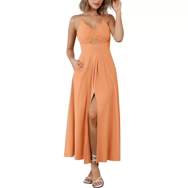 imageBTFBM Women 2023 Summer Spaghetti Strap Dress Sleeveless V Neck Cutout Slit Casual Beach Party Maxi Dresses with PocketsSolid Light Orange