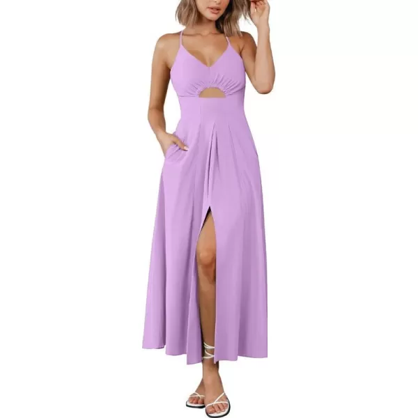 imageBTFBM Women 2023 Summer Spaghetti Strap Dress Sleeveless V Neck Cutout Slit Casual Beach Party Maxi Dresses with PocketsSolid Light Purple