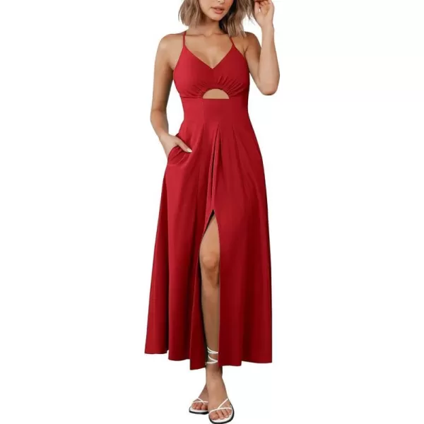 imageBTFBM Women 2023 Summer Spaghetti Strap Dress Sleeveless V Neck Cutout Slit Casual Beach Party Maxi Dresses with PocketsSolid Red