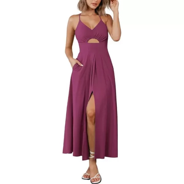 imageBTFBM Women 2023 Summer Spaghetti Strap Dress Sleeveless V Neck Cutout Slit Casual Beach Party Maxi Dresses with PocketsSolid Rose Purple