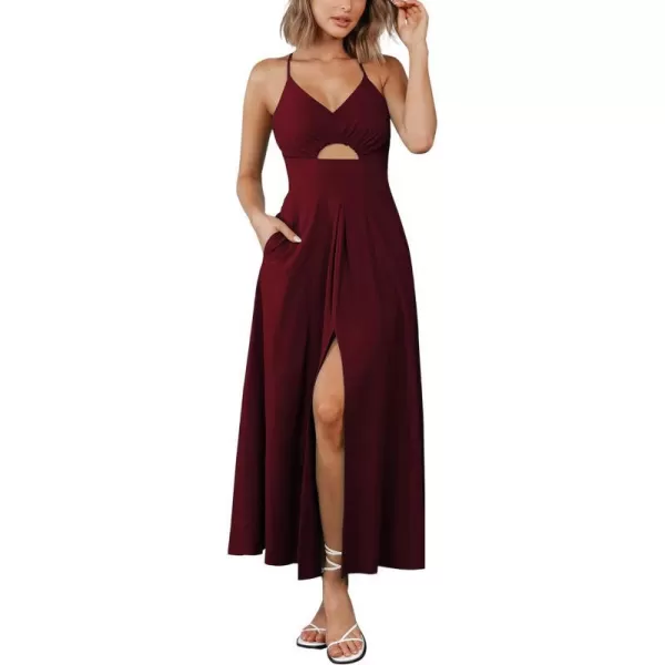 imageBTFBM Women 2023 Summer Spaghetti Strap Dress Sleeveless V Neck Cutout Slit Casual Beach Party Maxi Dresses with PocketsSolid Wine Red
