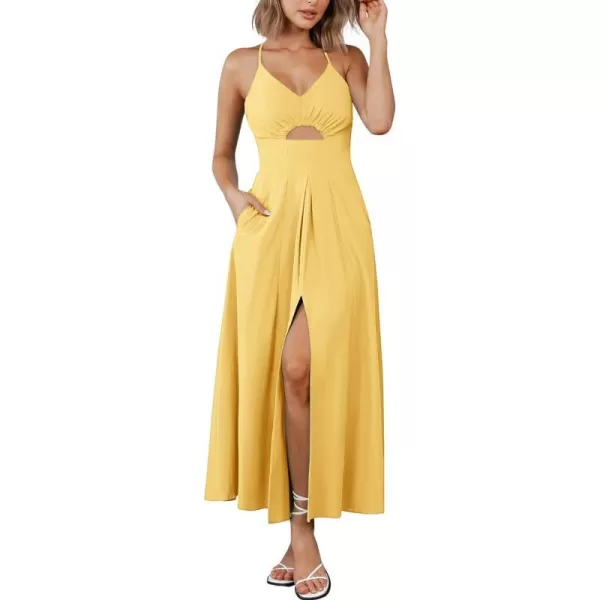 imageBTFBM Women 2023 Summer Spaghetti Strap Dress Sleeveless V Neck Cutout Slit Casual Beach Party Maxi Dresses with PocketsSolid Yellow