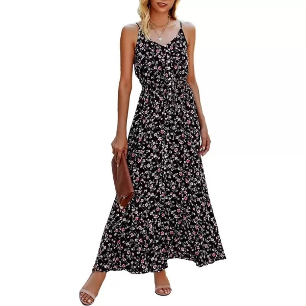 imageBTFBM Women 2023 Summer Spaghetti Strap V Neck Dress Polka Dot Floral Button Down Slit Sleeveless ALine Maxi DressesFloral Black