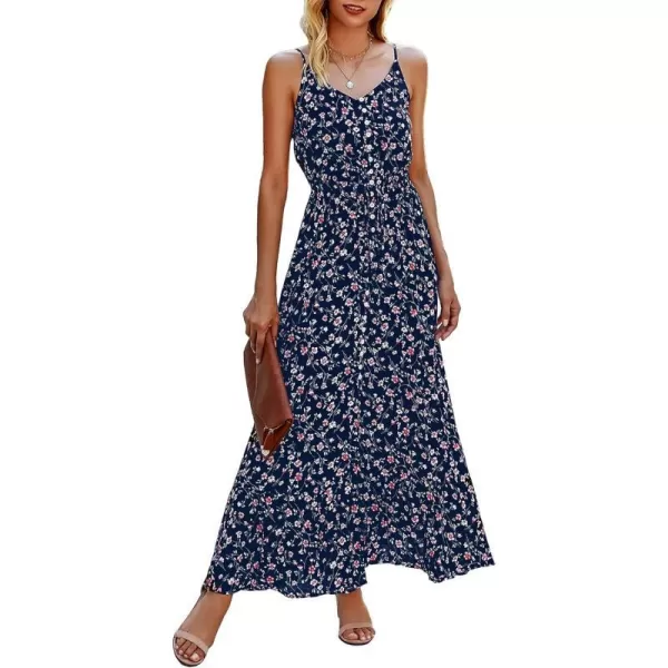 imageBTFBM Women 2023 Summer Spaghetti Strap V Neck Dress Polka Dot Floral Button Down Slit Sleeveless ALine Maxi DressesFloral Dark Blue