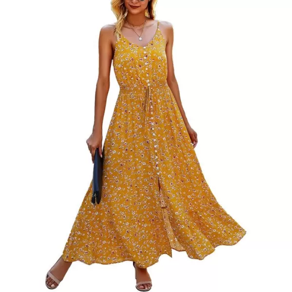 imageBTFBM Women 2023 Summer Spaghetti Strap V Neck Dress Polka Dot Floral Button Down Slit Sleeveless ALine Maxi DressesFloral Yellow
