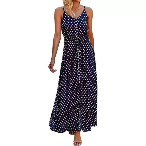 imageBTFBM Women 2023 Summer Spaghetti Strap V Neck Dress Polka Dot Floral Button Down Slit Sleeveless ALine Maxi DressesPolka Dot Navy