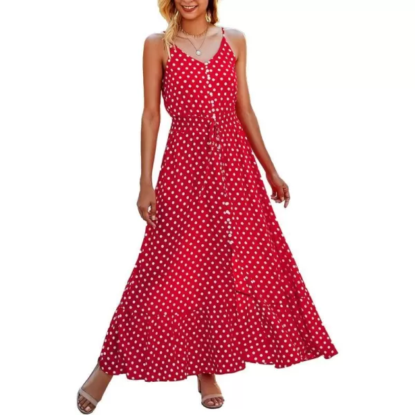 imageBTFBM Women 2023 Summer Spaghetti Strap V Neck Dress Polka Dot Floral Button Down Slit Sleeveless ALine Maxi DressesPolka Dot Red