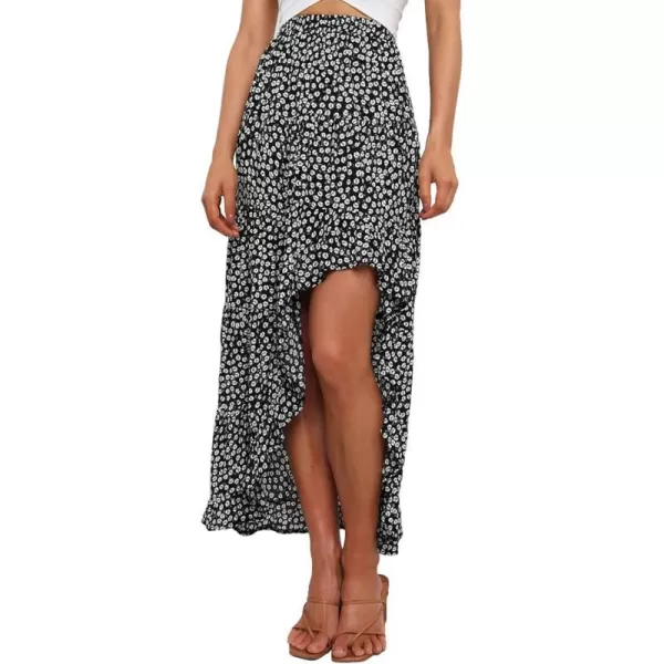 imageBTFBM Women 2023 Summer Spring Boho Long Skirts Dress Floral Print Elastic Waist Split Ruffle High Low Beach Maxi SkirtBlack White