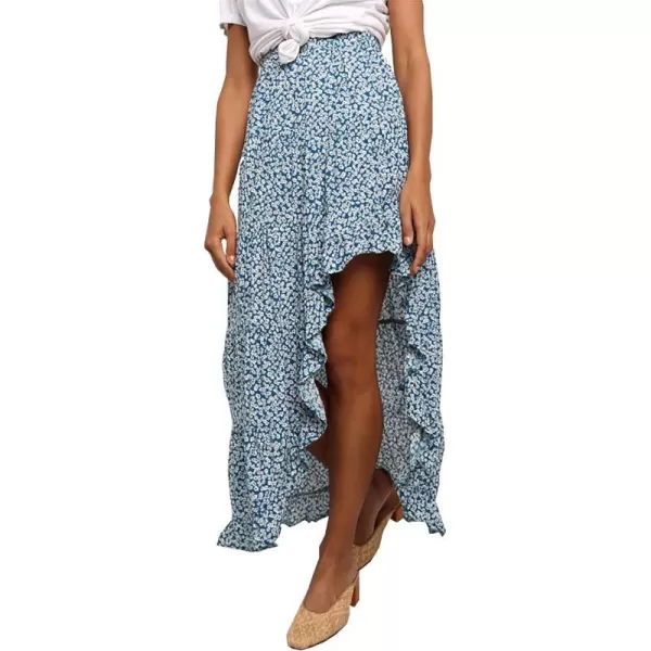 imageBTFBM Women 2023 Summer Spring Boho Long Skirts Dress Floral Print Elastic Waist Split Ruffle High Low Beach Maxi SkirtBlue