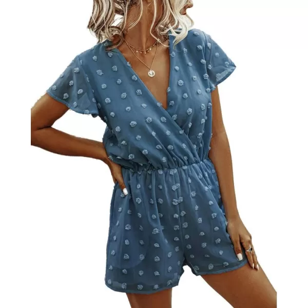 imageBTFBM Women 2024 Summer Fashion V Neck Wrap Rompers Swiss Dot Pocketed Elastic Waist Short Sleeve Beach Shorts JumpsuitDark Blue