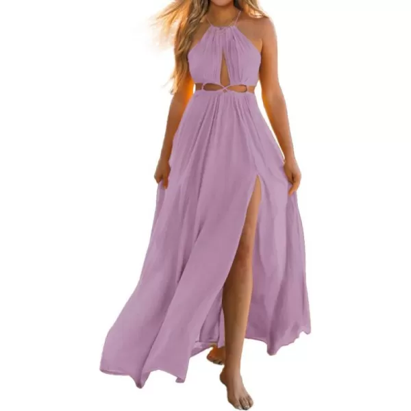 imageBTFBM Women 2024 Summer Sleeveless Halter Maxi Dress Cutout Backless Slit Boho Party Cocktail Casual Beach Sun DressesSolid Purple