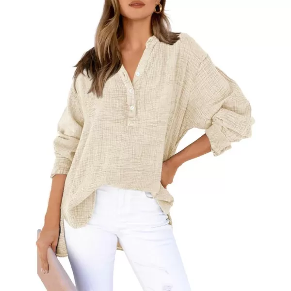 imageBTFBM Women Button Down Long Sleeve Shirts Tops V Neck Side Slit Loose Blouses Dressy Casual Textured Cotton Shirt TopSolid Beige