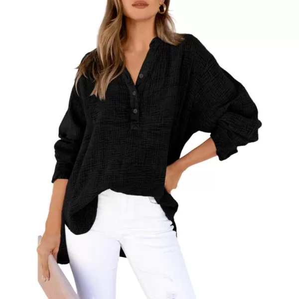 imageBTFBM Women Button Down Long Sleeve Shirts Tops V Neck Side Slit Loose Blouses Dressy Casual Textured Cotton Shirt TopSolid Black