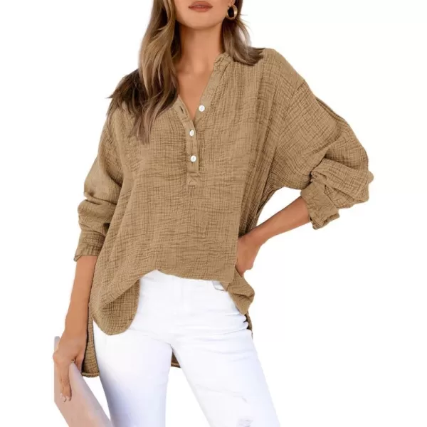 imageBTFBM Women Button Down Long Sleeve Shirts Tops V Neck Side Slit Loose Blouses Dressy Casual Textured Cotton Shirt TopSolid Brown
