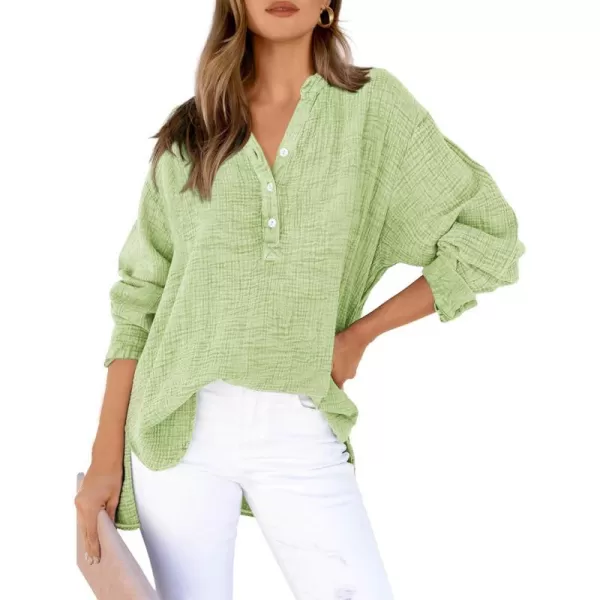 imageBTFBM Women Button Down Long Sleeve Shirts Tops V Neck Side Slit Loose Blouses Dressy Casual Textured Cotton Shirt TopSolid Green
