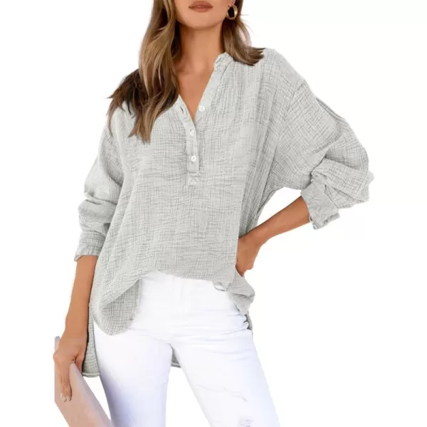 imageBTFBM Women Button Down Long Sleeve Shirts Tops V Neck Side Slit Loose Blouses Dressy Casual Textured Cotton Shirt TopSolid Grey