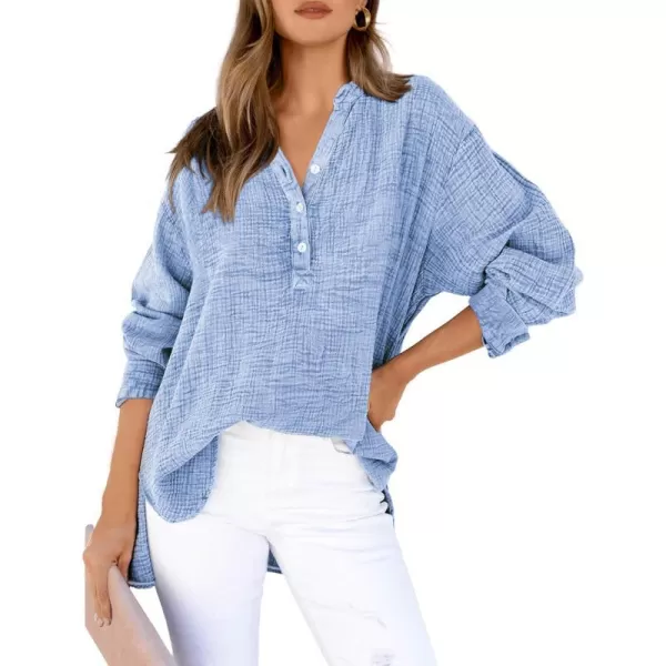 imageBTFBM Women Button Down Long Sleeve Shirts Tops V Neck Side Slit Loose Blouses Dressy Casual Textured Cotton Shirt TopSolid Sky Blue