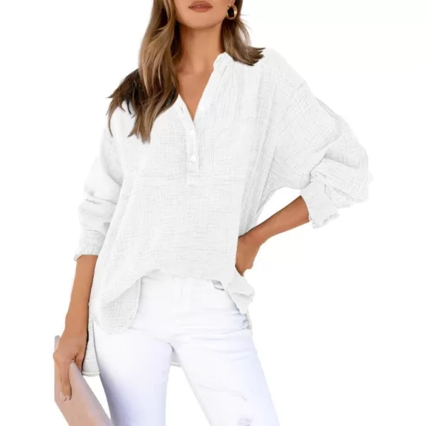 imageBTFBM Women Button Down Long Sleeve Shirts Tops V Neck Side Slit Loose Blouses Dressy Casual Textured Cotton Shirt TopSolid White