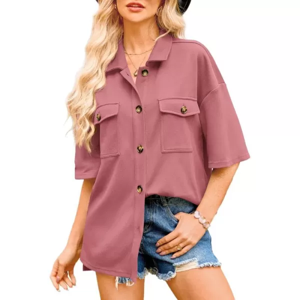 imageBTFBM Women Button Down Shirts Summer Casual Short Sleeve Side Slit High Low Hem Loose Fit Collared Shirt Blouse TopSolid Bean Paste Red