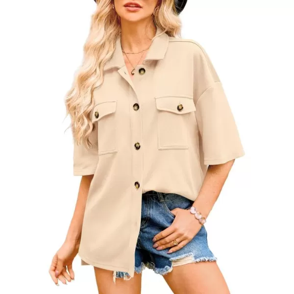 imageBTFBM Women Button Down Shirts Summer Casual Short Sleeve Side Slit High Low Hem Loose Fit Collared Shirt Blouse TopSolid Beige Yellow