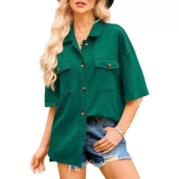 imageBTFBM Women Button Down Shirts Summer Casual Short Sleeve Side Slit High Low Hem Loose Fit Collared Shirt Blouse TopSolid Dark Green
