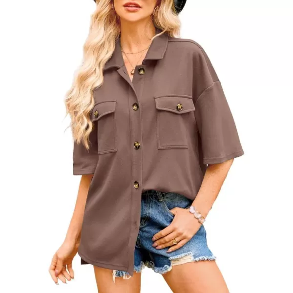 imageBTFBM Women Button Down Shirts Summer Casual Short Sleeve Side Slit High Low Hem Loose Fit Collared Shirt Blouse TopSolid Dark Khaki